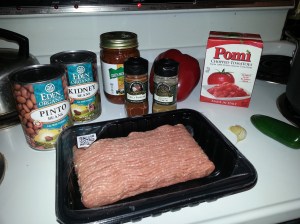 Assembled ingredients for quick & easy chili