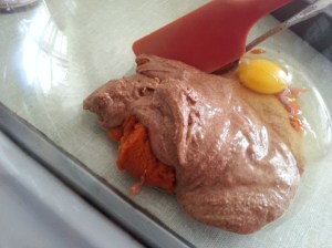 Here are the wet ingredients: almond butter, pumpkin pure, egg